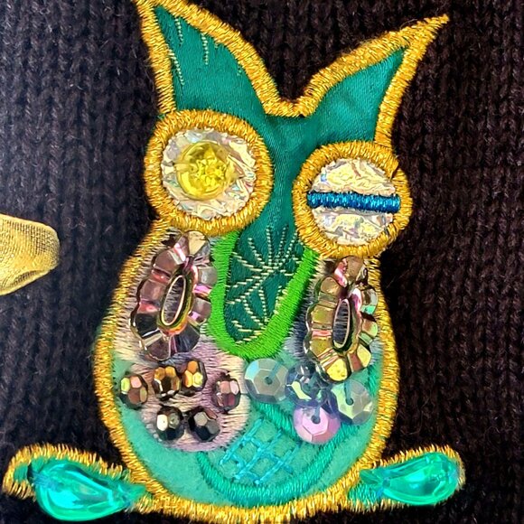 Vintage 90s Y2K Jack B Quick Sequined Beaded Novelty Owl Cardigan Sweater Top - Picture 8 of 16